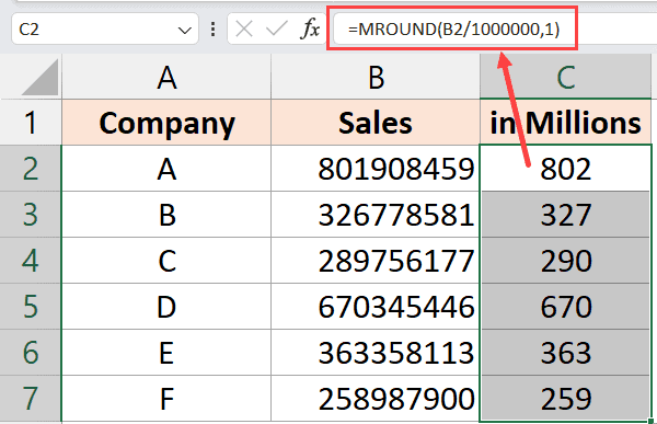 MROUND 公式将数字显示为百万