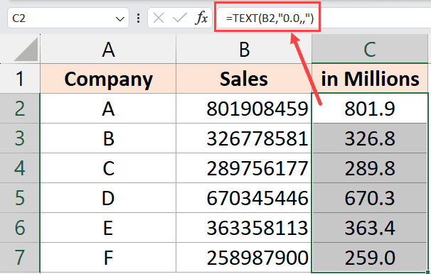 TEXT 公式显示以百万为单位的值