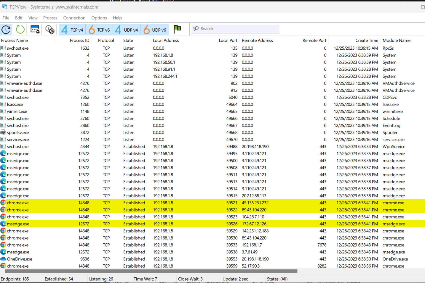 TCPview use to view TCP and UDP port details