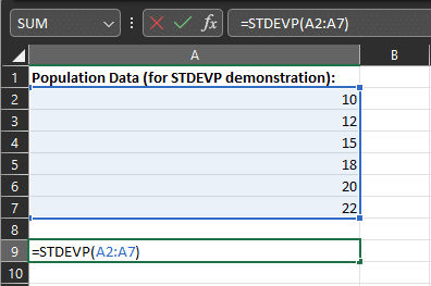 STDEVP 演示的示例数据