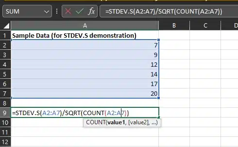 STDEV.S 演示的样本数据