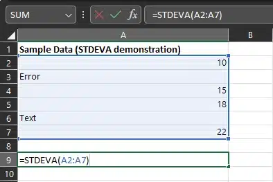 STDEVA 演示的样本数据