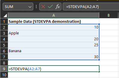 STDEVPA 演示的样本数据