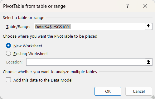 表或范围对话框中的数据透视表