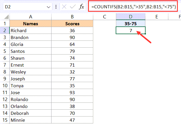 Countifs 函数计算两个数字之间的单元格