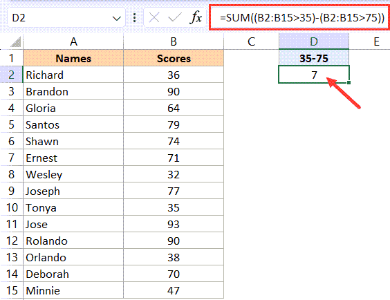 用于对两个数字之间的单元格进行计数的 SUM 公式