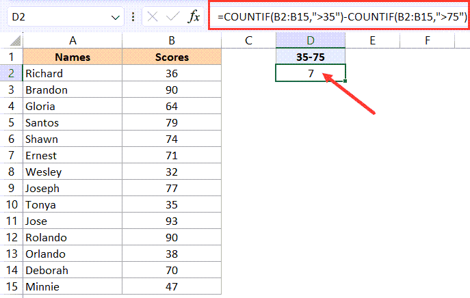 Countif 函数对两个数字之间的单元格进行计数