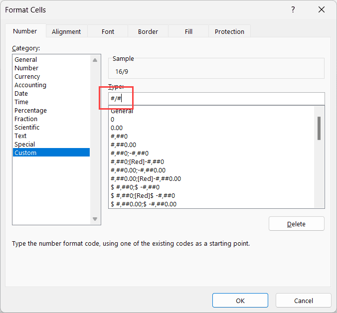 在类型字段中输入格式