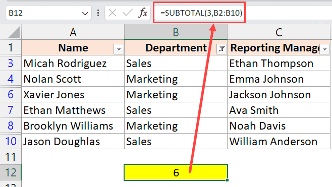 使用小计函数对 Excel 中筛选的行进行计数