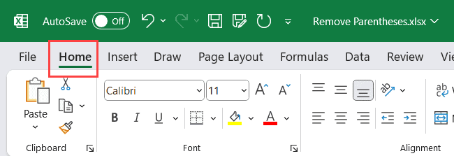 单击主页选项卡