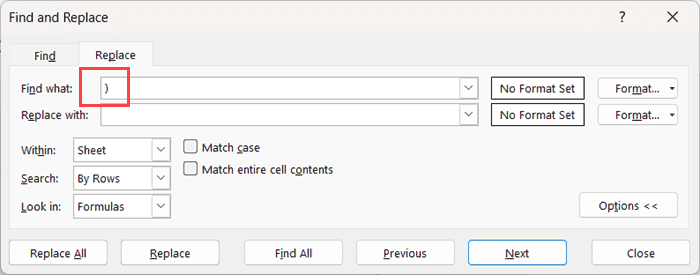 在查找内容字段中输入括号结束字符