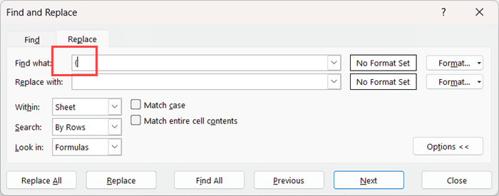 在查找内容字段中输入括号左括号