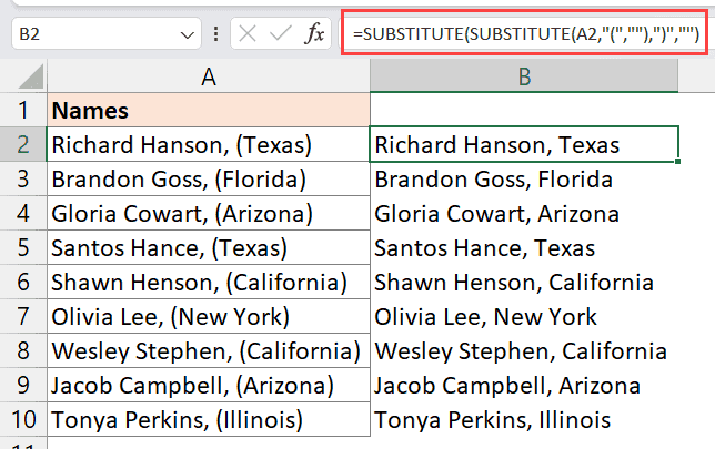 Excel中删除括号的公式