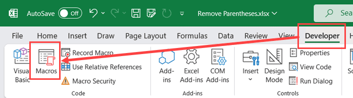 单击开发人员选项卡中的宏选项