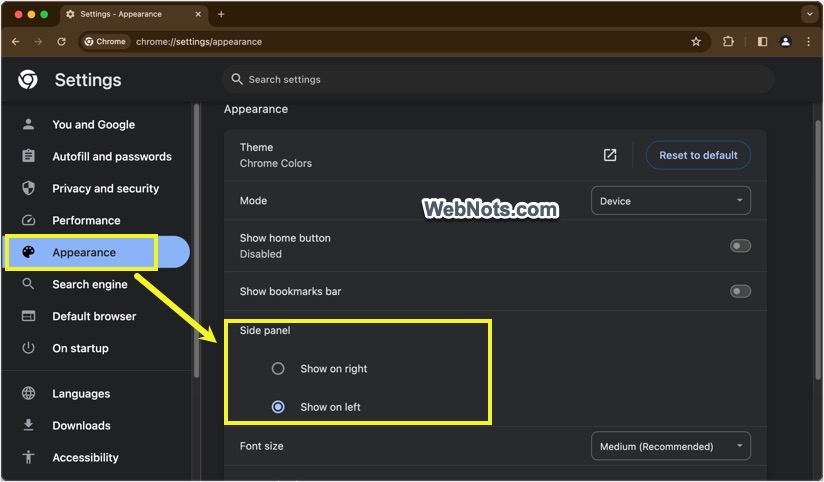 选择在左侧设置中显示侧面板