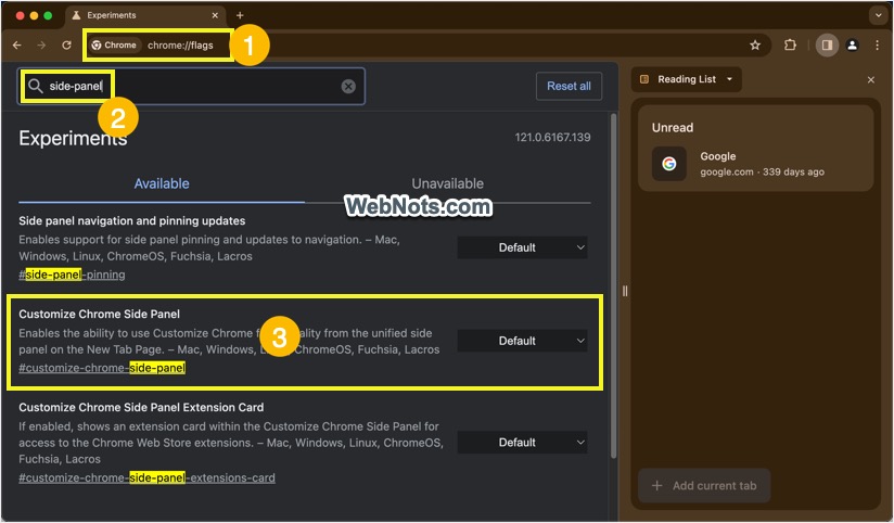 搜索并查找自定义 Chrome 侧面板标志