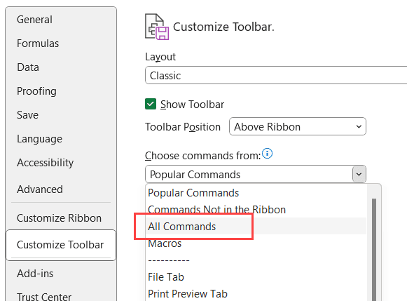 选择所有命令选项