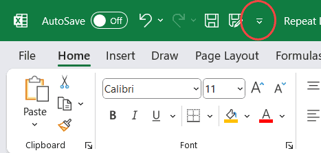 单击“自定义快速访问工具栏”图标
