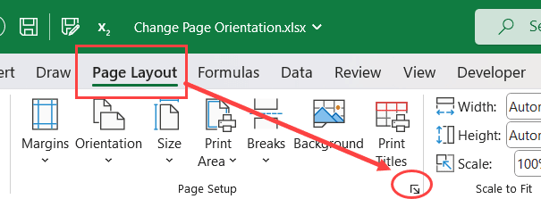 单击页面布局选项卡中的对话框启动器
