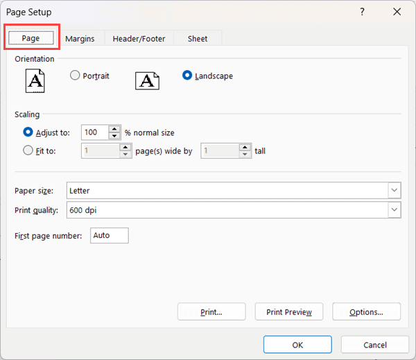 在页面设置对话框中选择页面选项卡