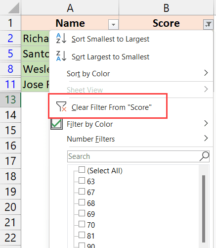 清除过滤器表单列 Excel