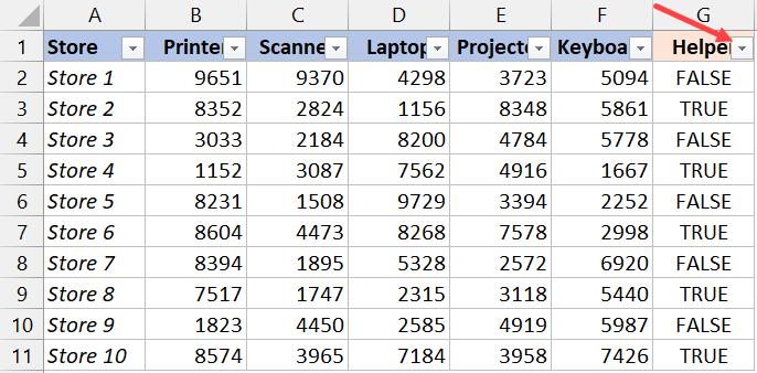 单击辅助列标题中的过滤器图标