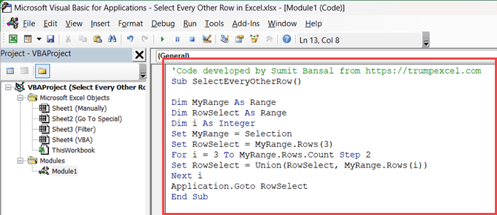 将 VBA 代码复制并粘贴到模块代码窗口中