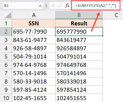 Excel 中删除破折号的替代函数