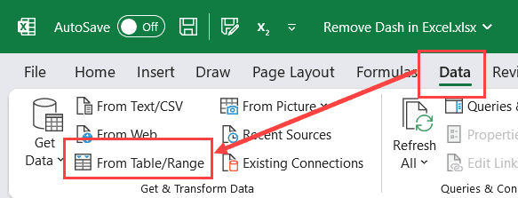 单击数据选项卡,然后单击表格范围