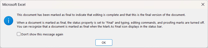 消息框显示该文件已被标记为最终文件,不应进行更改