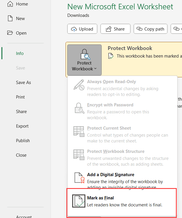 单击标记为最终选项以删除标记为最终状态