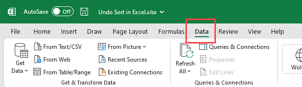 单击数据选项卡