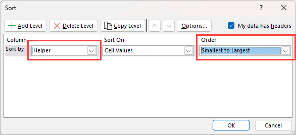 从最小到最大对辅助列进行排序