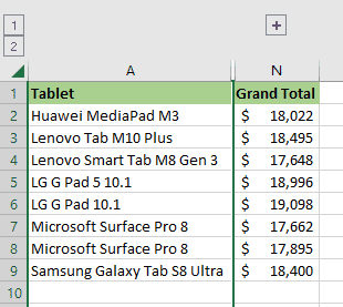 单击减号按钮隐藏分组的列
