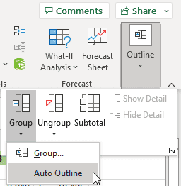 单击 Excel 功能区中的自动轮廓选项