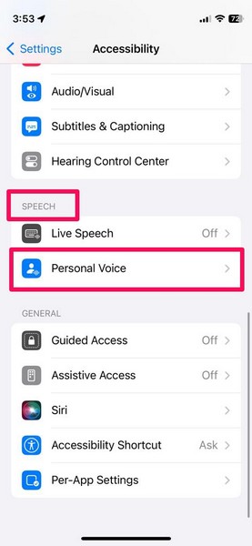 iPhone ios 17 2 上的辅助功能中的个人语音