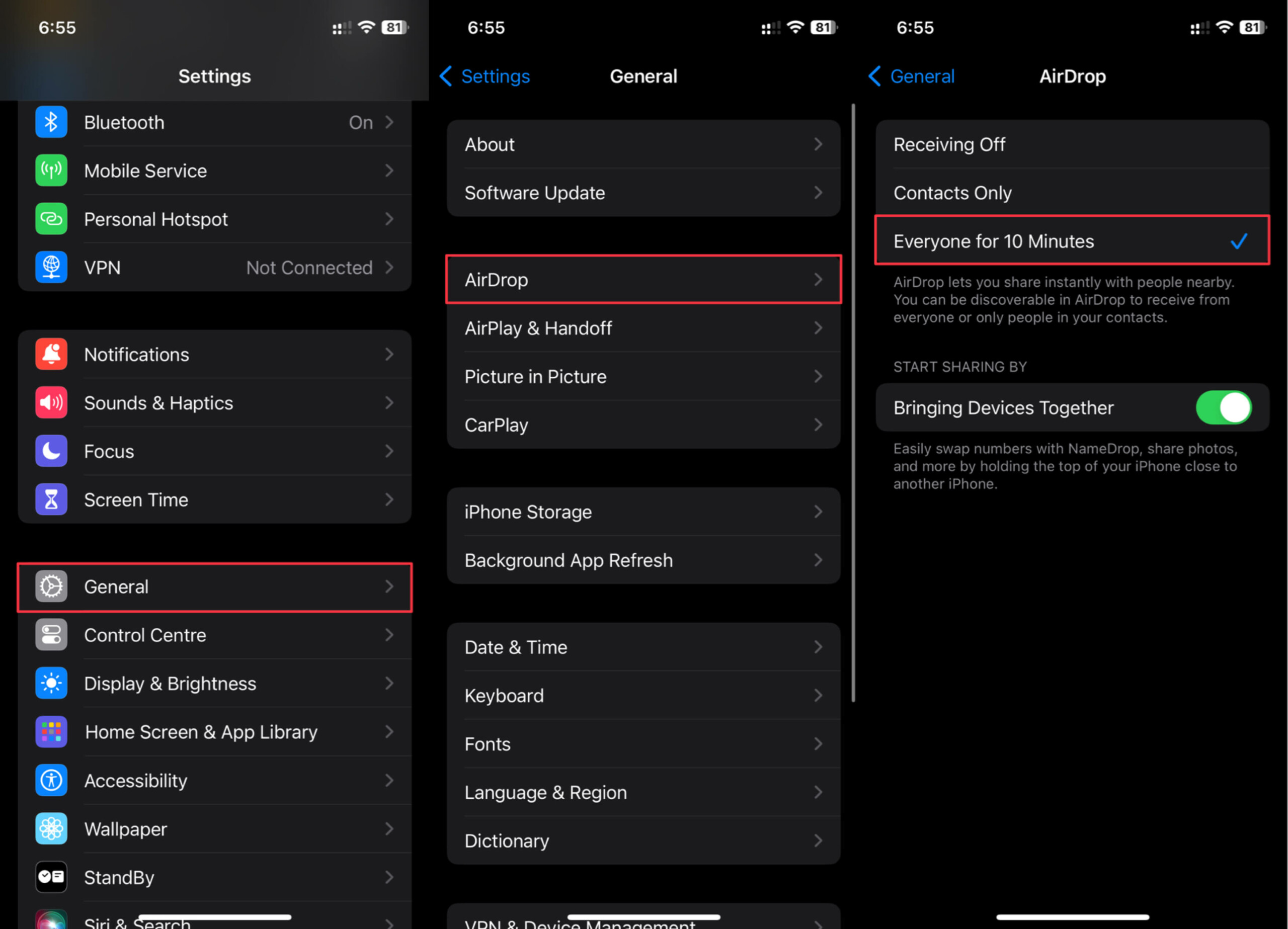 从“设置”中启用 iPhone 上的 AirDrop