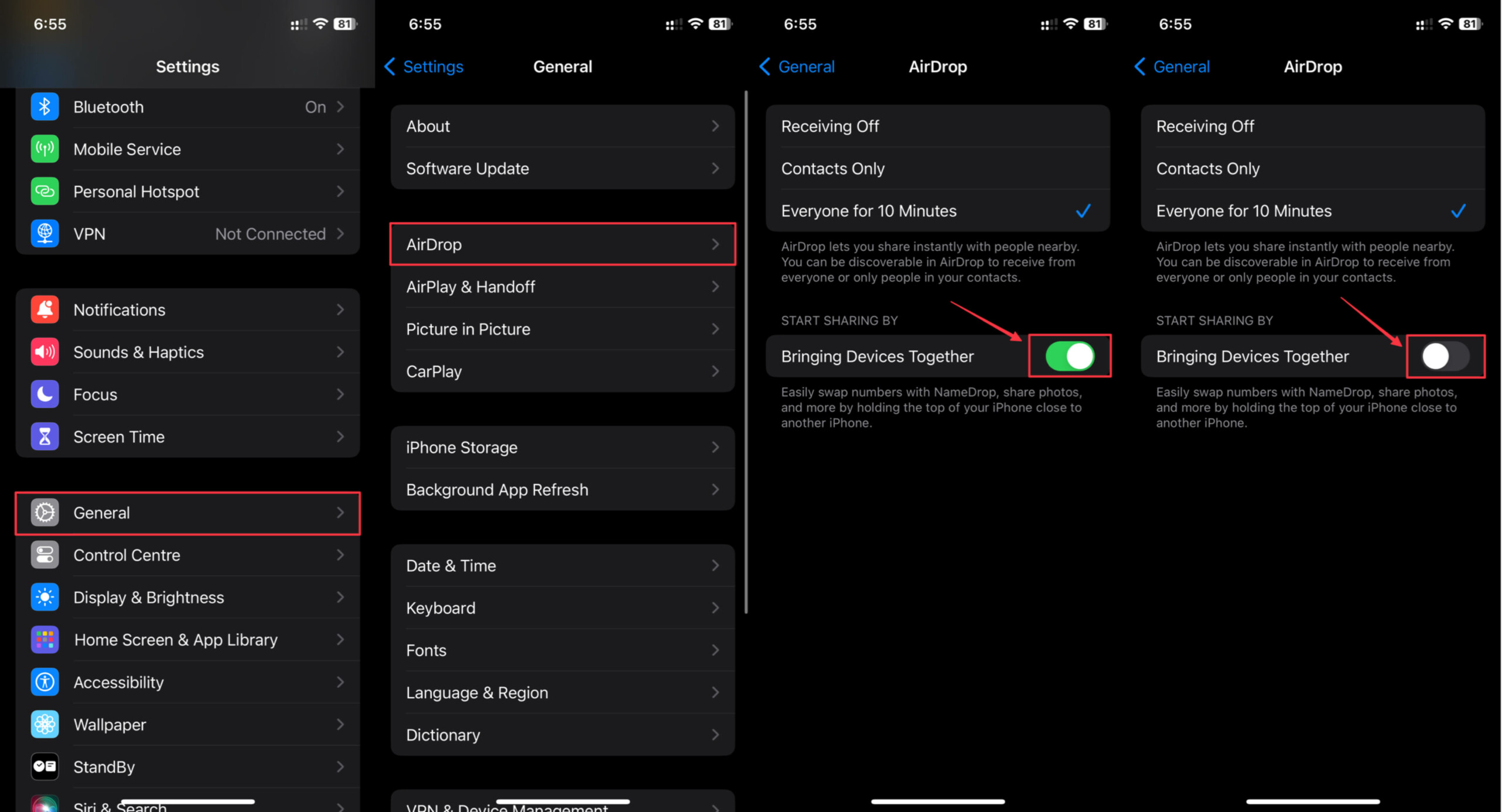 从“设置”应用程序禁用和重新启用 iPhone 上的 NameDrop