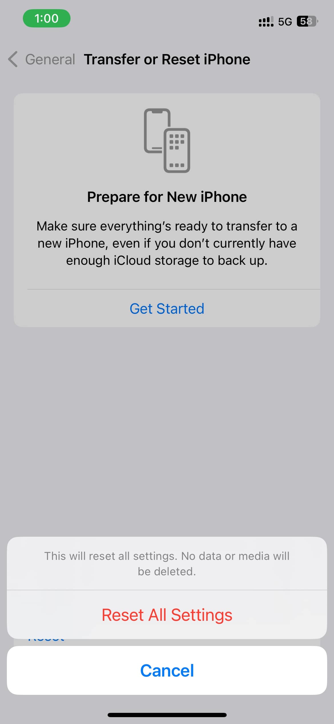 在确认提示中点击重置所有设置