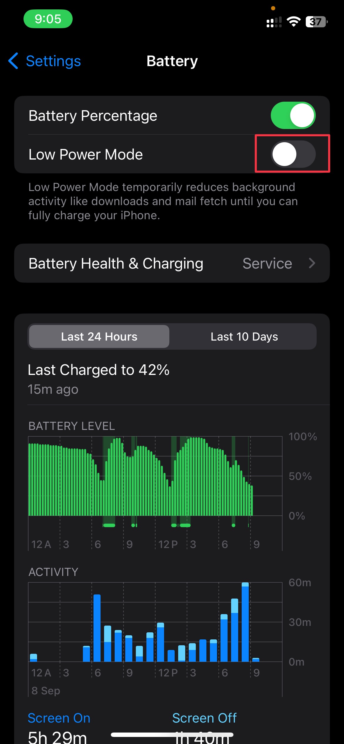 在 iPhone 的电池设置中关闭低电量模式