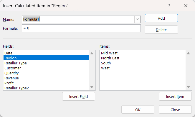插入计算项对话框