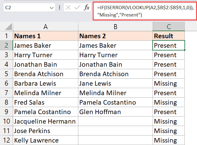 VLOOKUP 公式比较两列中的文本