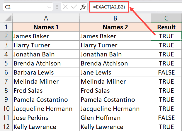 EXACT formula to compare text in