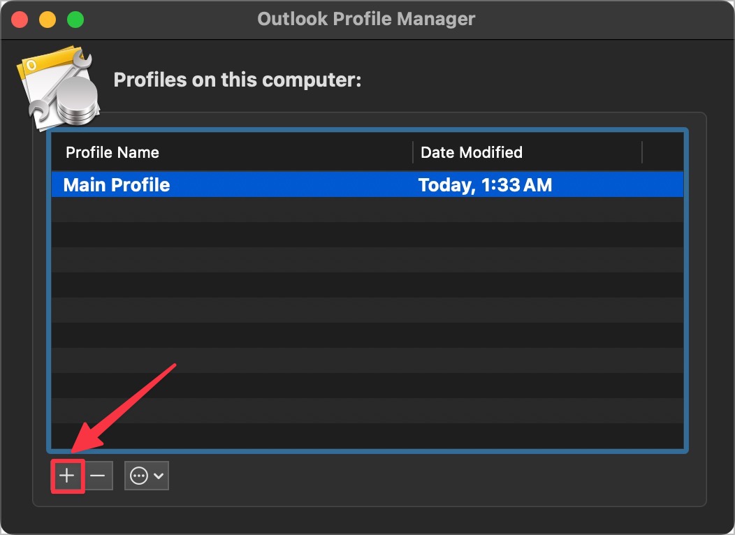 单击 Outlook 配置文件管理器中的加号按钮