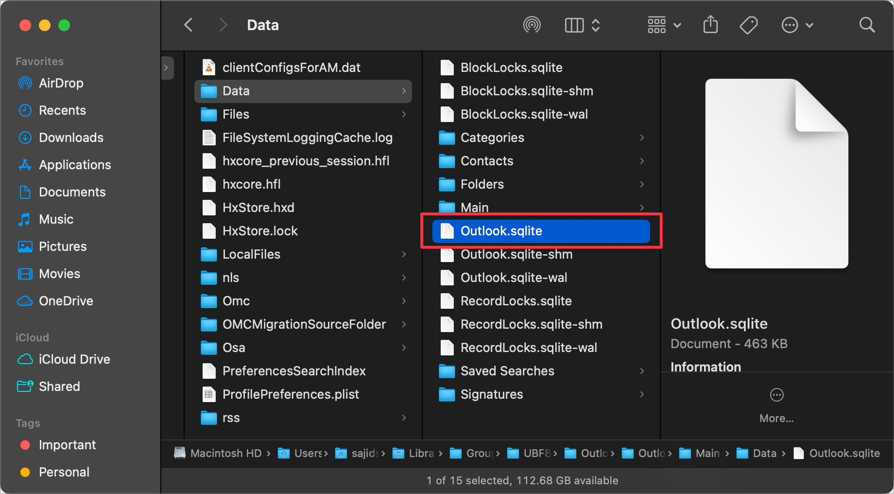 将 Outlook sqlite 文件拖放到桌面