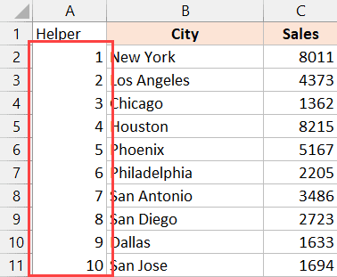 enter sequential numbers in the helper column