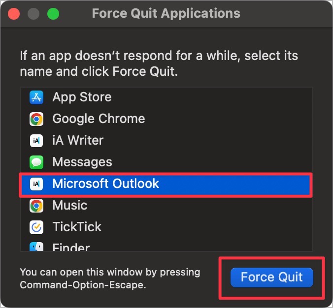 从“强制退出应用程序”窗口强制退出 Microsoft Outlook