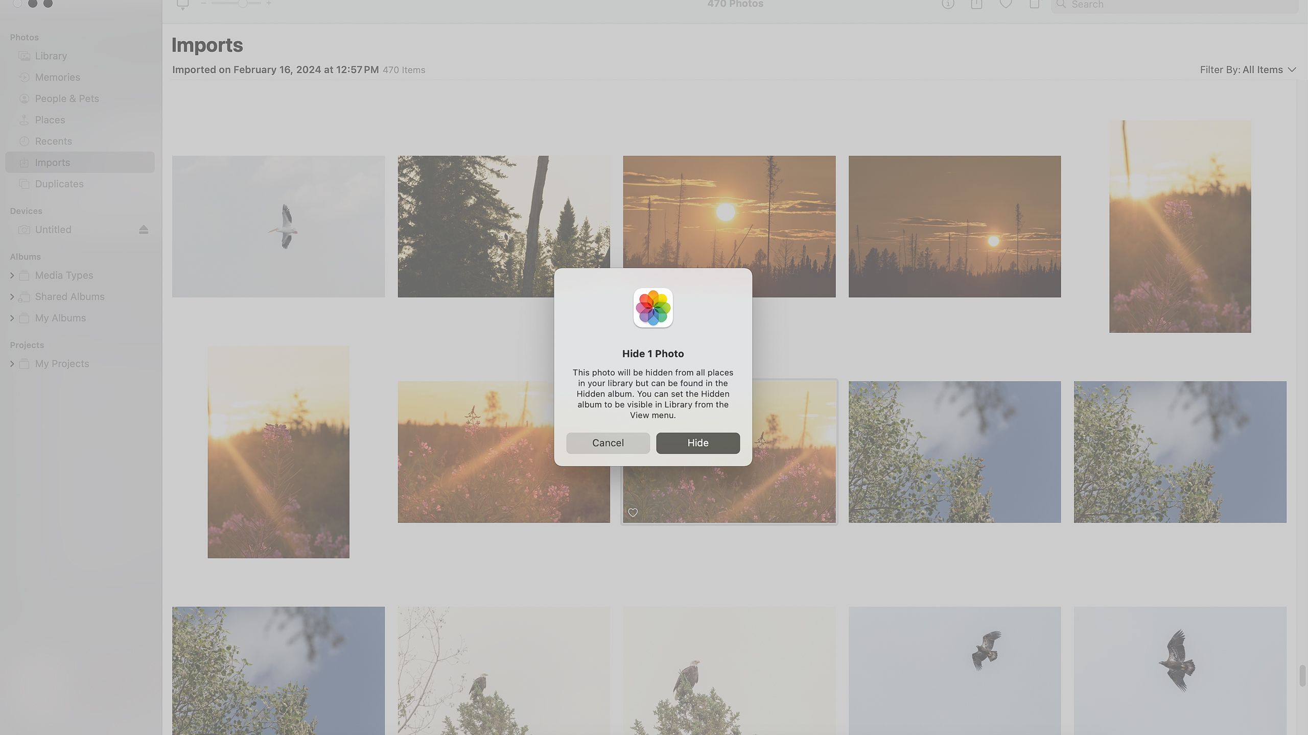 在 Mac 上隐藏照片的过程的屏幕截图