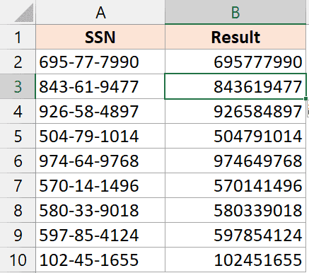 result after flash fill where dashes have been removed