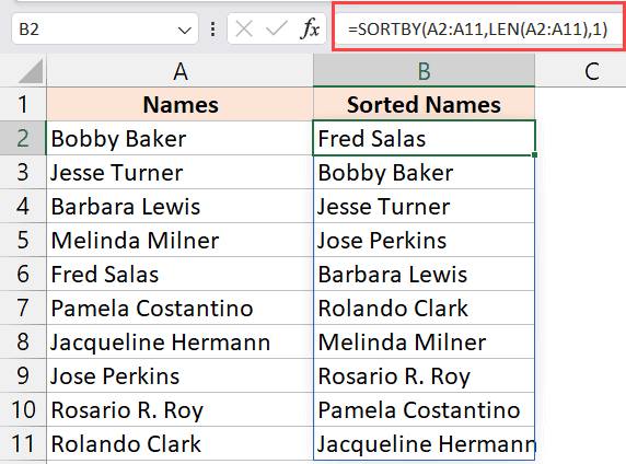 Excel中的SORTBY函数按长度排序